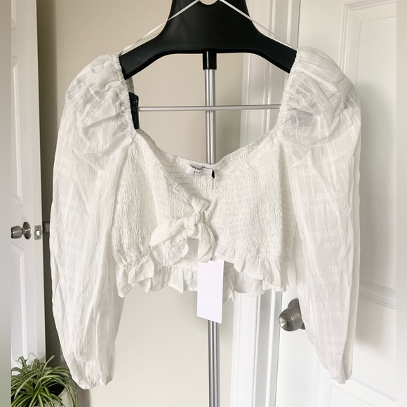 Lush Long Sleeve Smocked Tie Front Crop Top - Picture 1 of 14